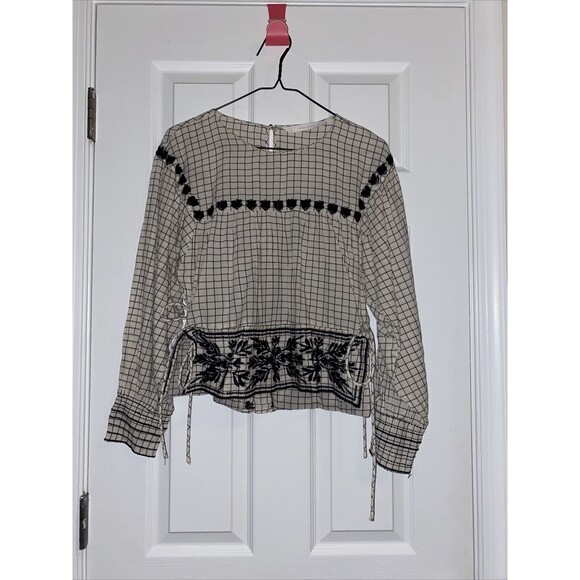 Zara Trafaluc Blouse Grid White Black Embroidered Side Tie Top Size Medium Fall - Picture 2 of 8